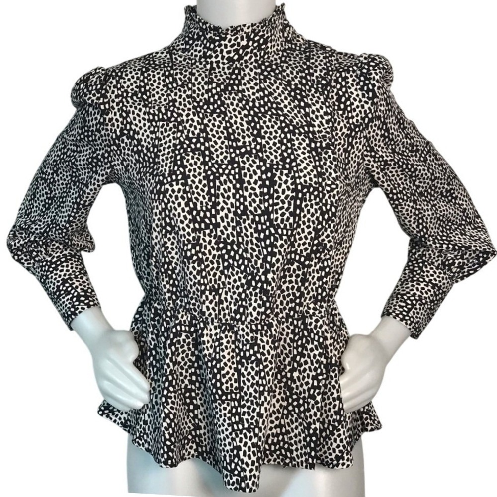 WHO WHAT WEAR BLACK & WHITE PEPLUM LONG SLEEVE TOP